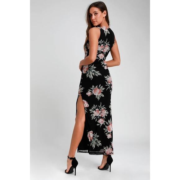 Lulus “Sweet Life” Black Floral Print Bodycon Maxi Dress – Small - Picture 2 of 7